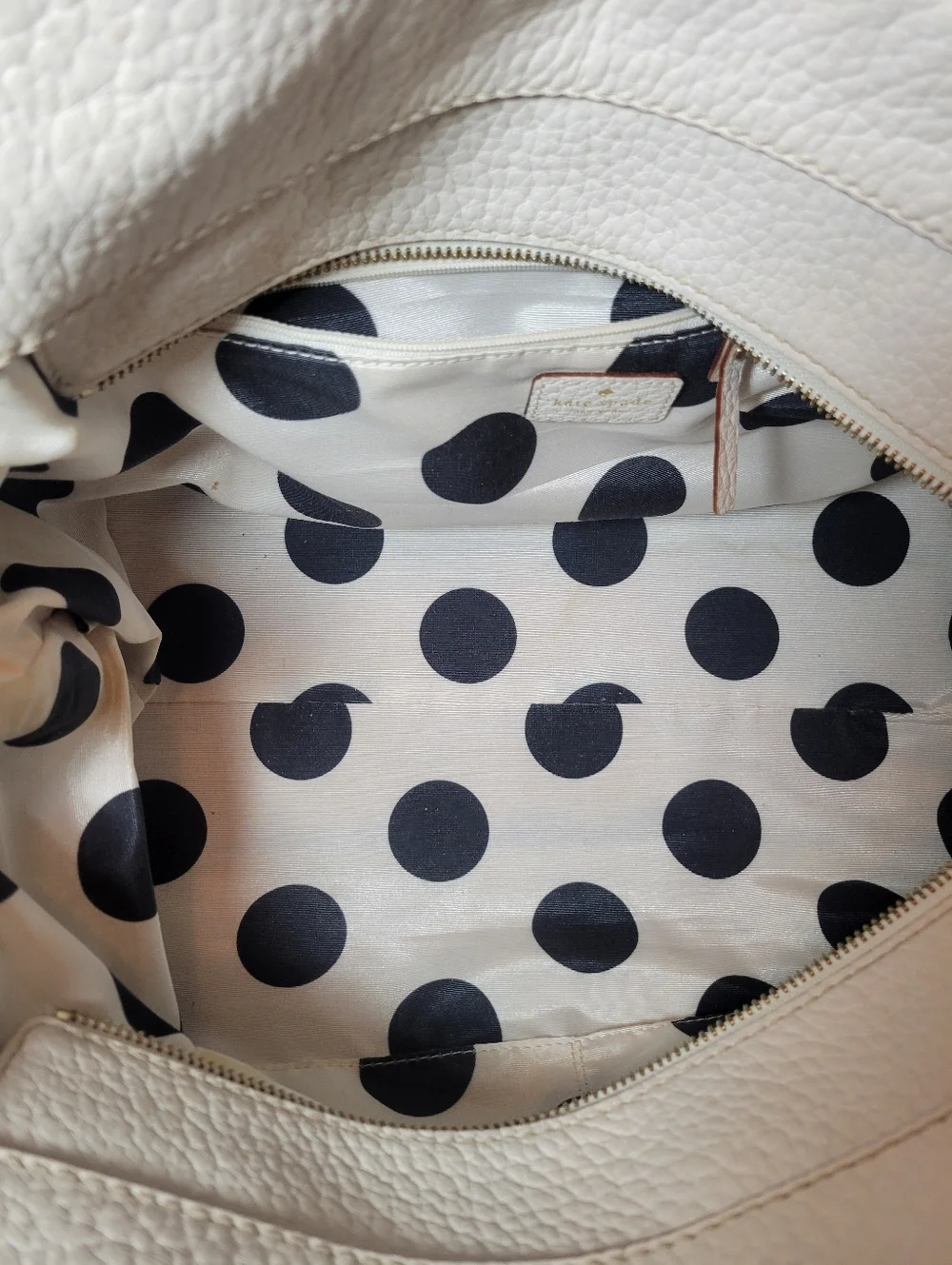 Kate Spade New York Clotted Cream Pebbled Tassel Polka Dot Gold Handbag - Read